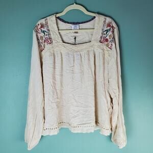 Knox Rose Women's Cream Boho Embroidered Long Sleeve Blouse Peasant Top Size XXL